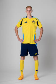 Hugo Larsson of the Swedish national football team poses