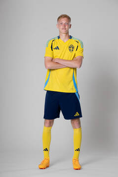 Hugo Larsson of the Swedish national football team poses