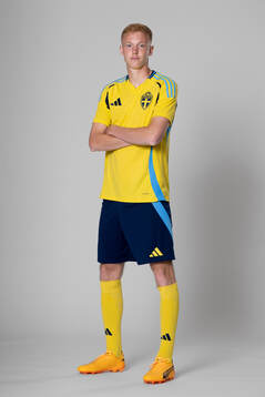 Hugo Larsson of the Swedish national football team poses