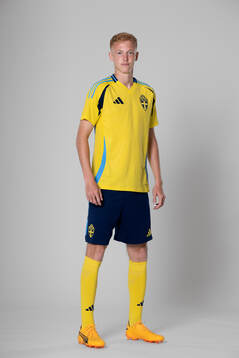 Hugo Larsson of the Swedish national football team poses