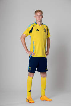 Hugo Larsson of the Swedish national football team poses