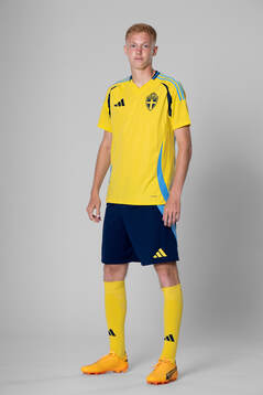 Hugo Larsson of the Swedish national football team poses