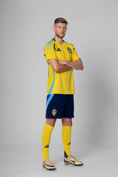 Anton Saletros of the Swedish national football team poses