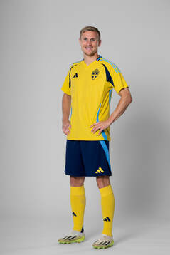 Carl Starfelt of the Swedish national football team poses