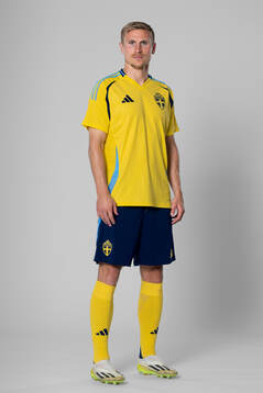 Carl Starfelt of the Swedish national football team poses