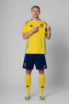 Carl Starfelt of the Swedish national football team poses