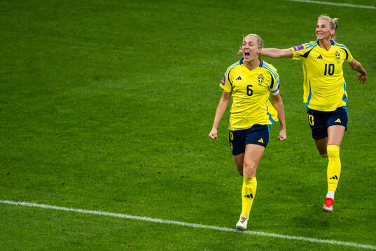 Magdalena Eriksson and Sofia Jakobsson of Sweden celebrate