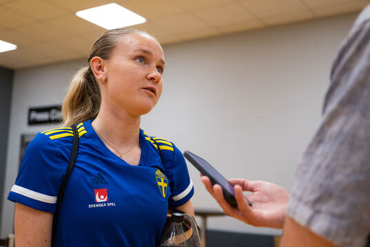 Matilda Vinberg of Sweden in mixed zone