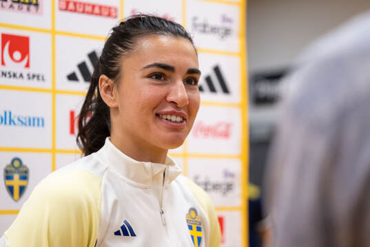 Goalkeeper Zecira Musovic of Sweden in mixed zone