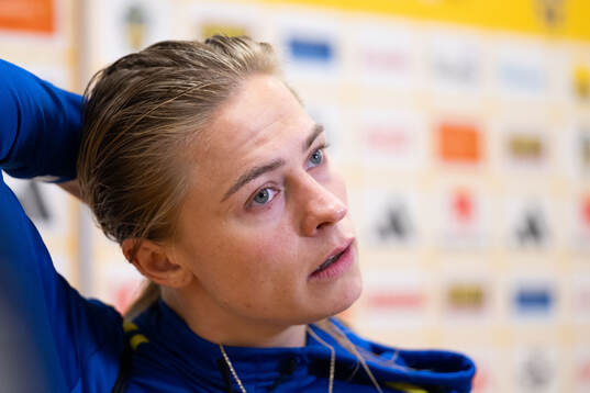 Fridolina Rolfö of Sweden in mixed zone