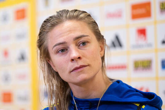Fridolina Rolfö of Sweden in mixed zone
