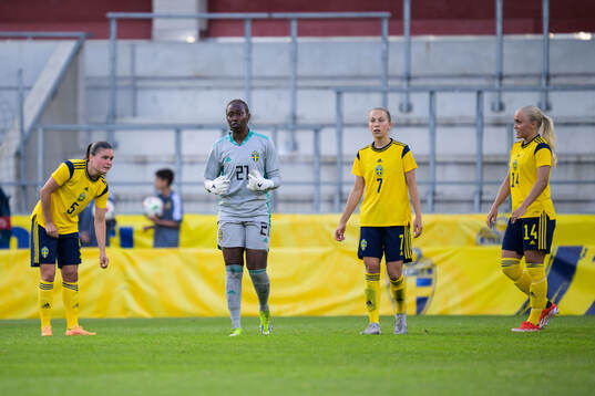 Goalkeeper Angel Mukasa, Sara Eriksson and Alva Selerud of