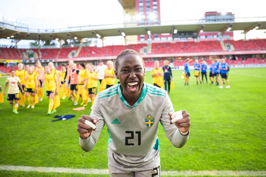 Goalkeeper Angel Mukasa of Sweden celebrates