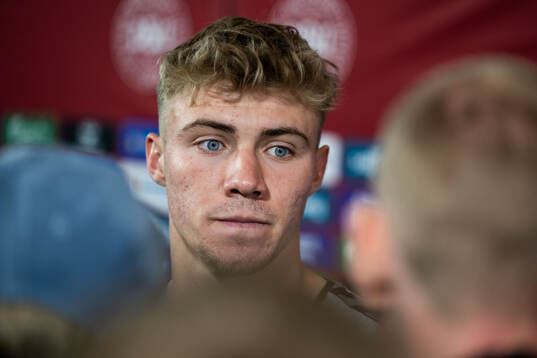Rasmus Højlund of Denmark in mixed zone