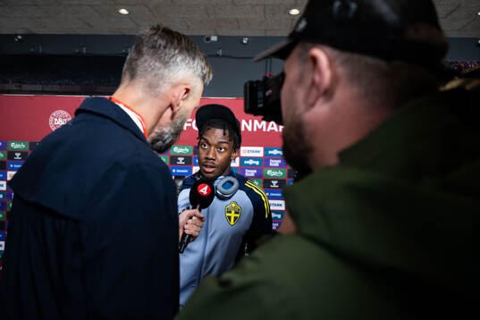 Anthony Elanga of Sweden in mixed zone