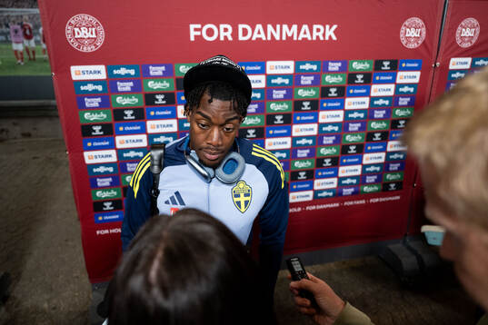 Anthony Elanga of Sweden in mixed zone