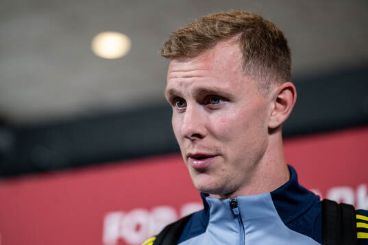 Emil Krafth of Sweden in mixed zone