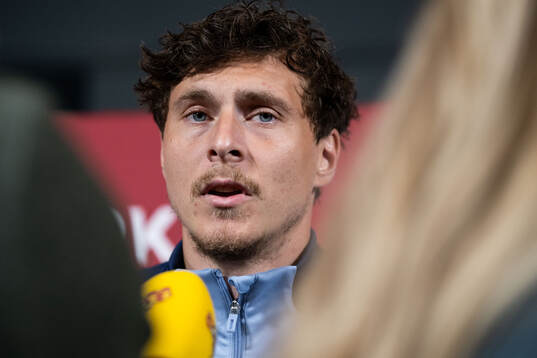 Victor Nilsson Lindelöf of Sweden in mixed zone