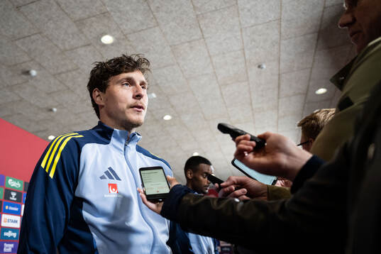 Victor Nilsson Lindelöf of Sweden in mixed zone