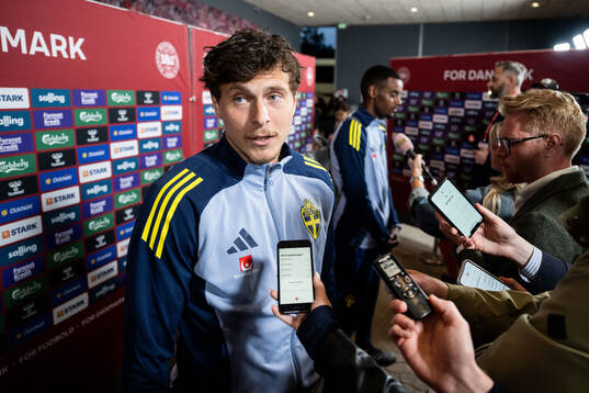 Victor Nilsson Lindelöf of Sweden in mixed zone