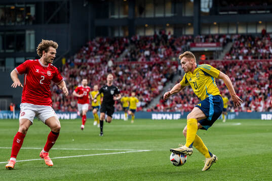 Joachim Andersen of Denmark and Dejan Kulusevski of Sweden