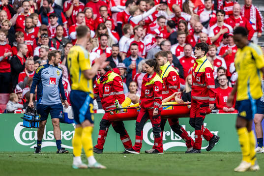 Hjalmar Ekdal of Sweden is carried of the pitch