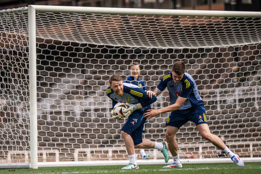 goalkeeper Viktor Johansson and Emil Holm of the Swedish