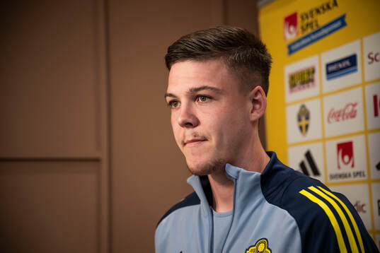 Emil Holm of the Swedish national football team at a mixed