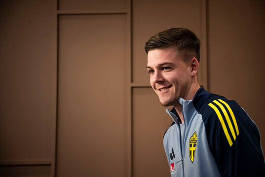 Emil Holm of the Swedish national football team at a mixed