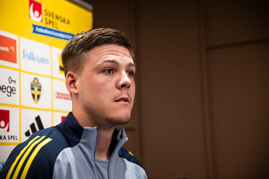 Emil Holm of the Swedish national football team at a mixed