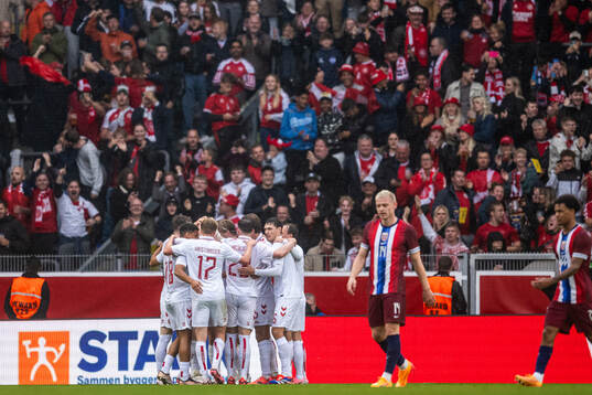 Jannik Vestergaard of Denmark celebrate with teammates