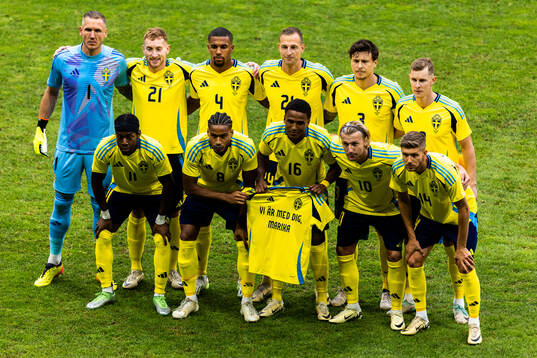 Players of Sweden line up for a team photo with a shirt