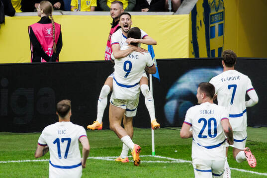 Aleksandar Mitrovic of Serbia celebrates