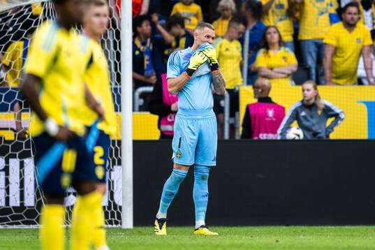 Robin Olsen of Sweden looks dejected