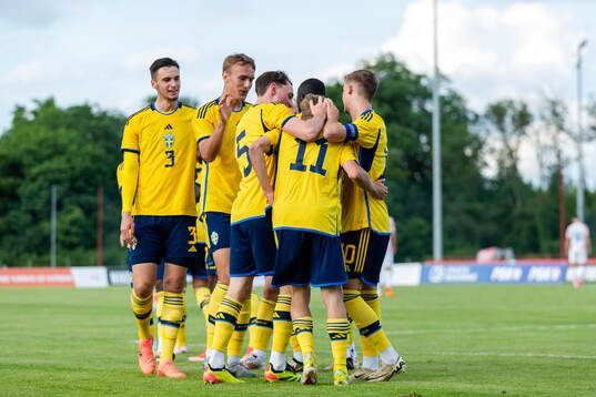 Players of Sweden celebrate with Hugo Bolin