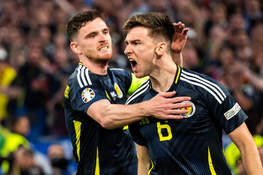 Andrew Robertson and Kieran Tierney of Scotland