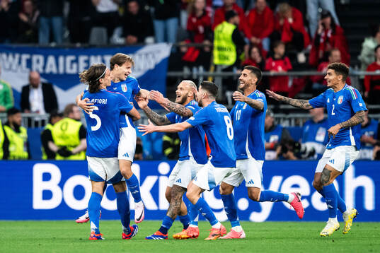 Nicolo Barella of Italy celebrates with team mates