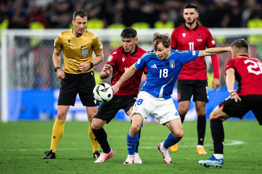 Qazim Laci of Albania and Nicolo Barella of Italy