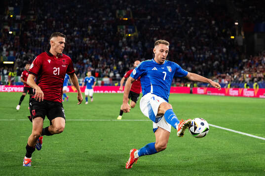 Kristjan Asllani of Albania and Davide Frattesi of Italy