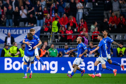 Nicolo Barella of Italy celebrate with teammates