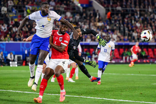 Dayot Upamecano and goalkeeper Mike Maignan of France
