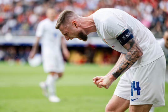 Milan Skriniar of Slovakia reacts