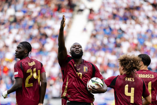Romelu Lukaku of Belgium celebrates a goal that was later