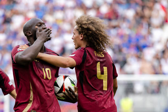 Romelu Lukaku of Belgium celebrates a goal that was later