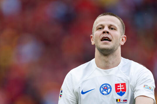 Denis Vavro of Slovakia celebrates