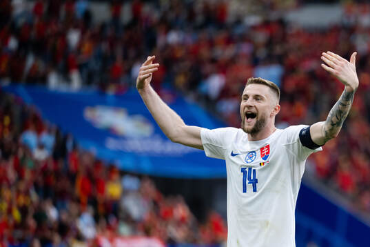 Milan Skriniar  of Slovakia celebrates