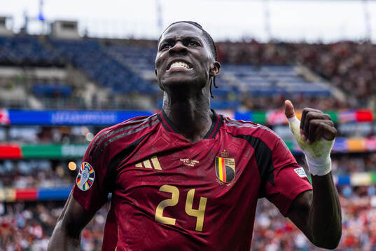 Amadou Onana of Belgium celebrates a goal that was later