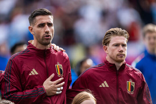 Goalkeeper Koen Casteels and Kevin De Bruyne of Belgium