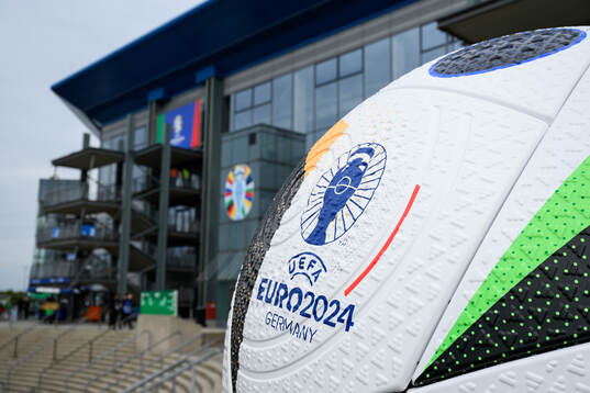 A football with the UEFA Euro 2024 logotype outside of