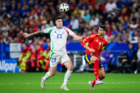 Alessandro Bastoni of Italy and Alvaro Morata of Spain